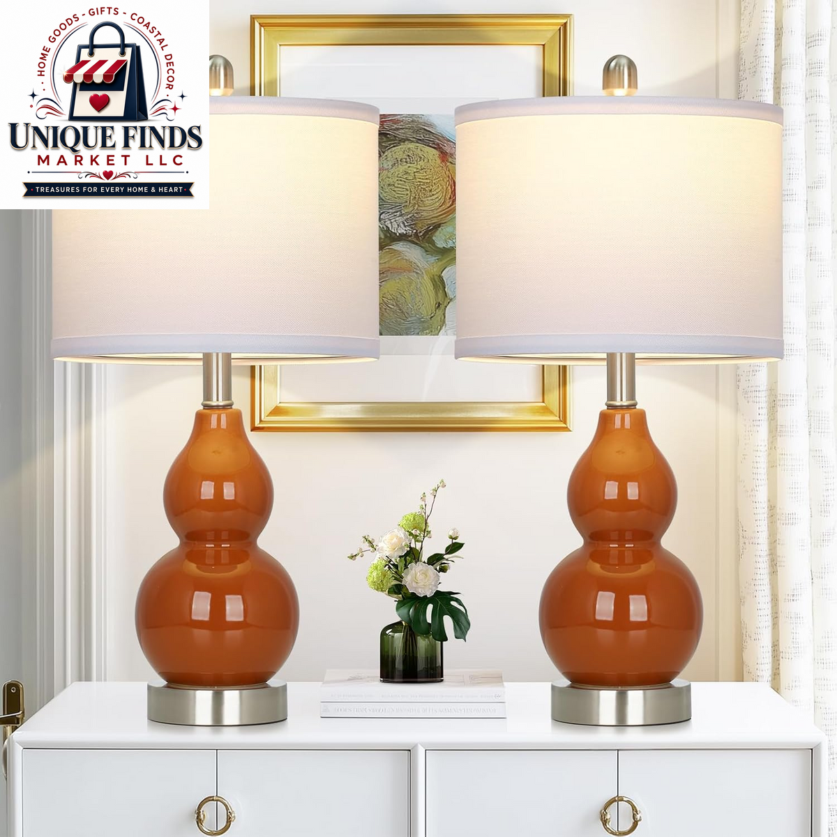 Rinweey Set of 2 Double Gourd Ceramic Table Lamps, Modern Red Bedside Lighting for Bedroom and Living Room (Bulb Included)