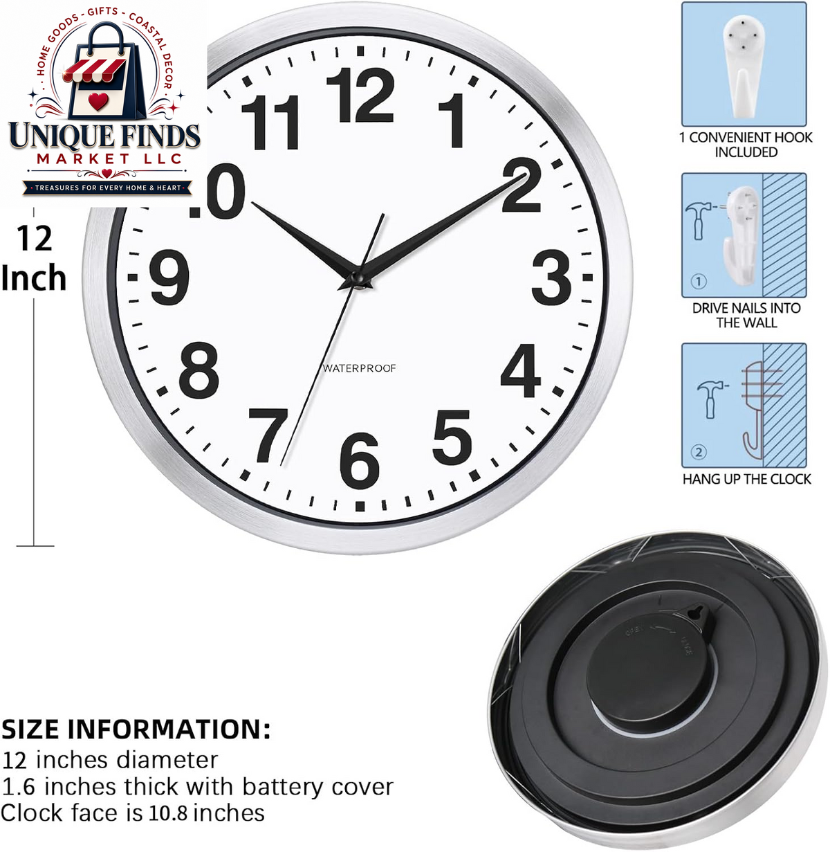 Caysie 12-Inch Waterproof Sealed Indoor/Outdoor Clock in Silver