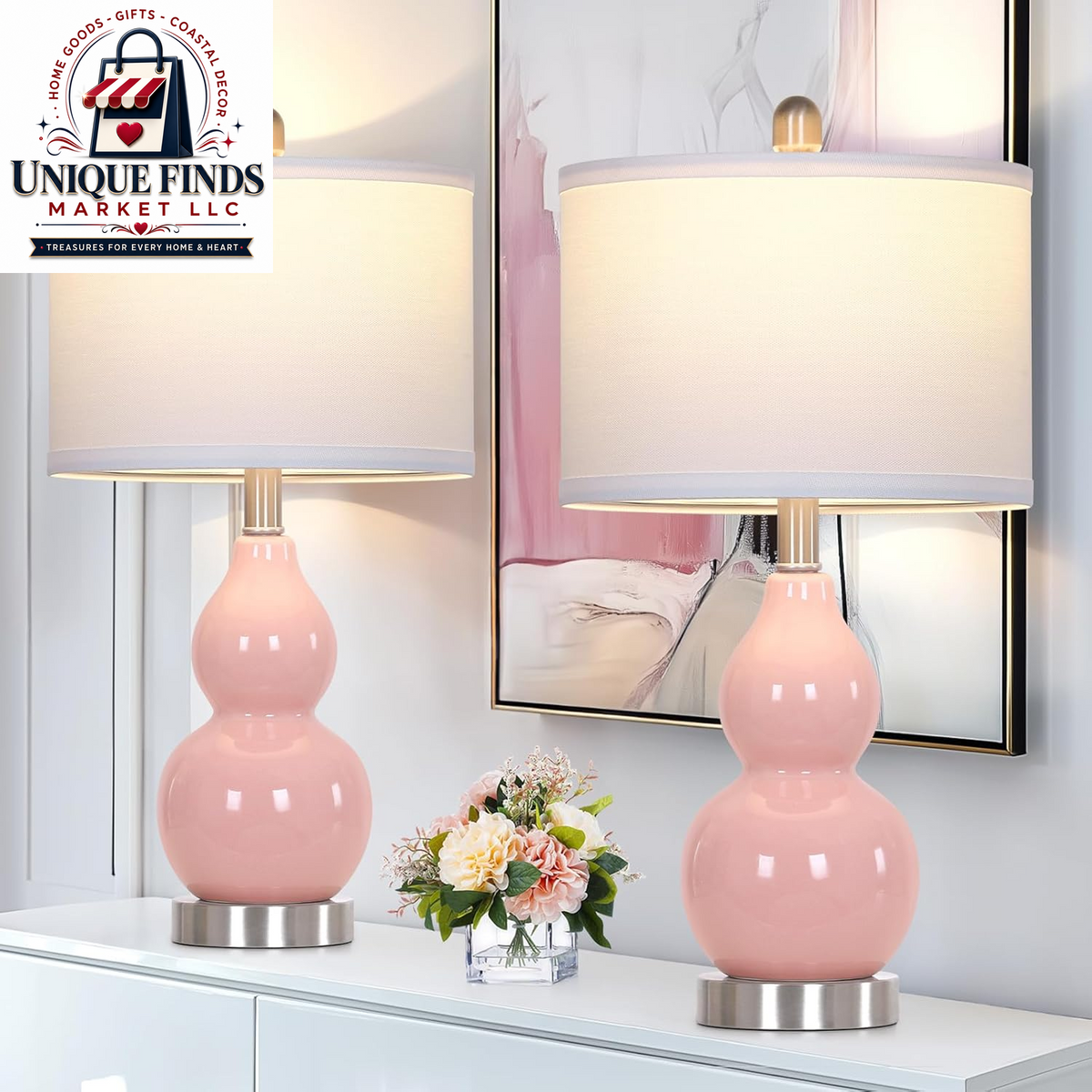 Double Gourd Ceramic Table Lamps Set of 2 Pink Bedside Nightstand Lamps Decor