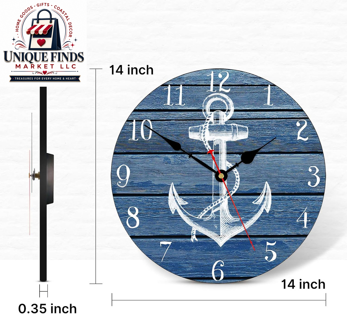 TAHEAT 14-Inch Nautical-Inspired White Anchor Pattern Wall Clock, Silent Non-Ticking Mechanism, Retro Wooden Design with Arabic Numerals, Easy-to-Read for Kitchen, Living Room, and Bedroom
