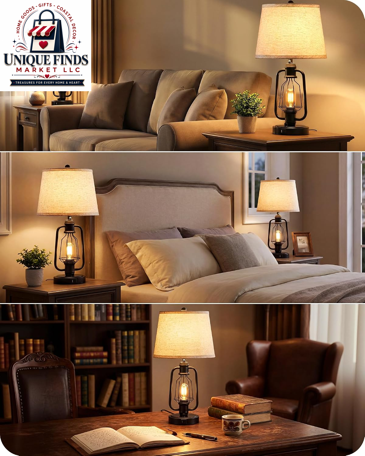Set of 2 Farmhouse Industrial Bedside Table Lamps with USB Ports, Rustic Vintage Nightstand Desk Lamps for Living Room and Bedroom, Includes 4 Bulbs, Beige and Black E14TLP205