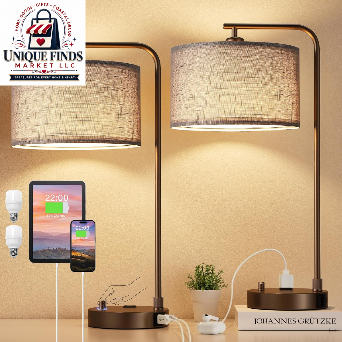 Set of 2 Fully Dimmable Wood Paint Bedside Lamps for Nightstands