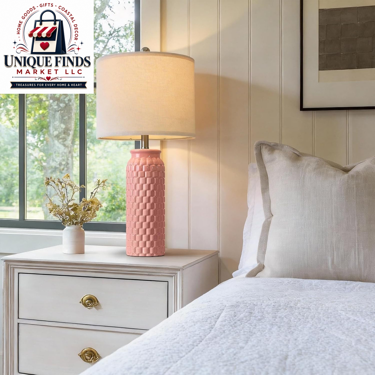 Usumkky Set of 2 27" Ceramic Table Lamps - Modern Farmhouse and Boho Style Bedside Nightstand Lighting for Bedroom and Living Room, Compact Desk Lamps (Pink)