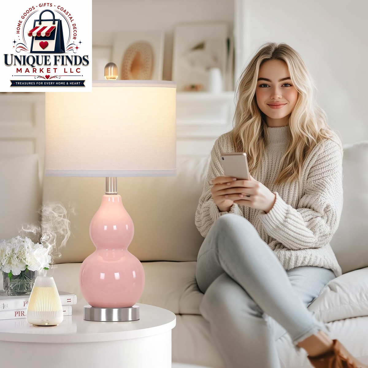 Double Gourd Ceramic Table Lamps Set of 2 Pink Bedside Nightstand Lamps Decor