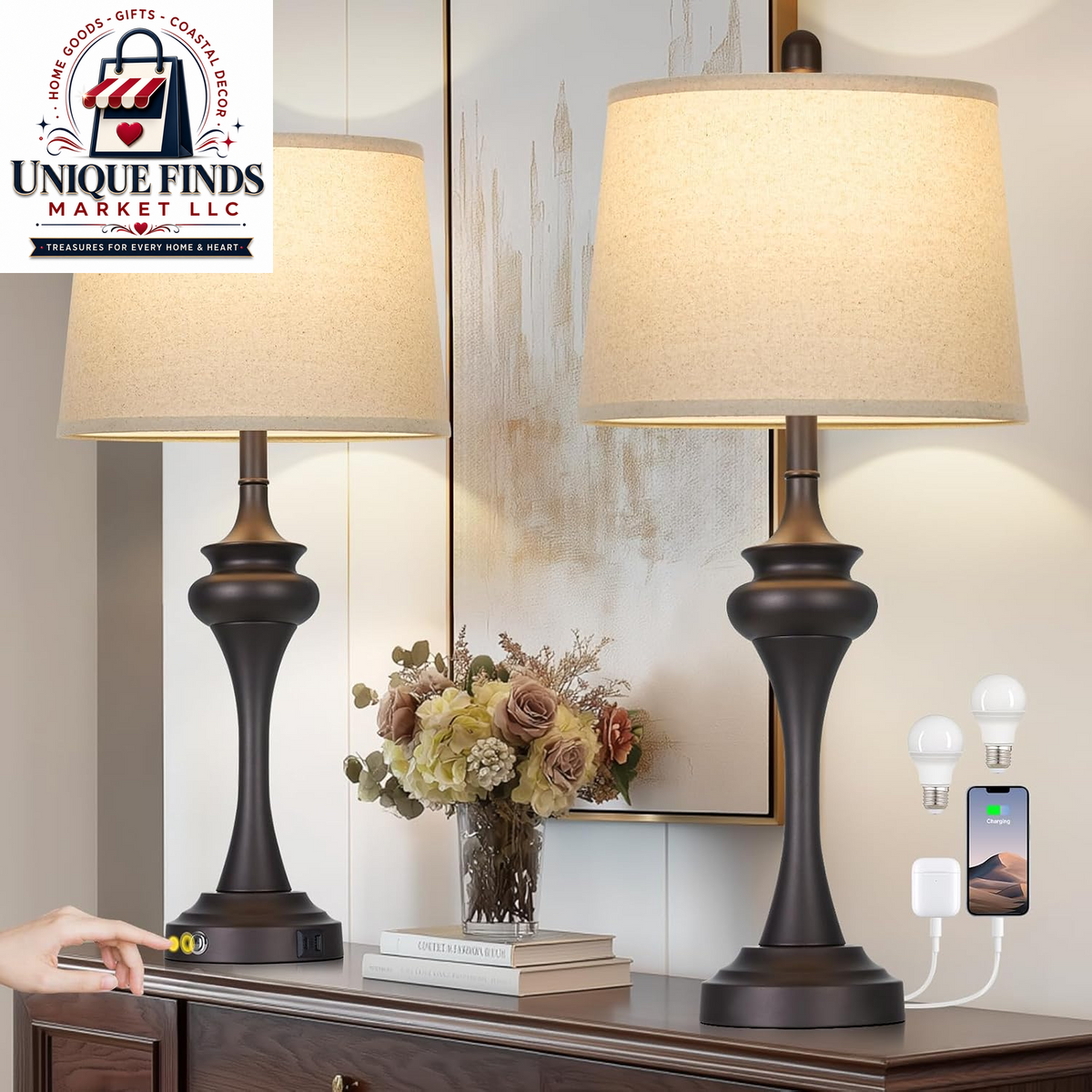 Rinweey 27-Inch Black Table Lamps Set of 2 with 3-Way Touch Control and USB A+C Ports, Modern Metal Nightstand Lamps for Living Room, Bedroom, and Office Decor