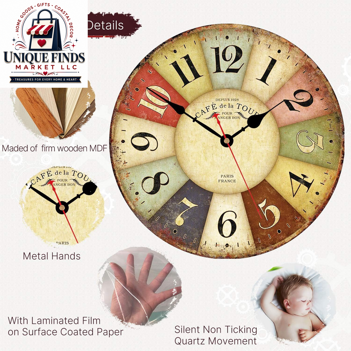 VIKMARI 8 Inch Silent Non-Ticking Wall Clock Arabic Numerals Retro Clocks Wooden