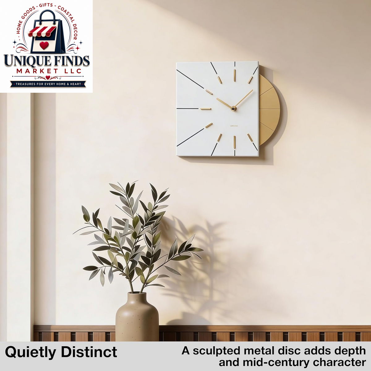 Driini White and Gold Mid-Century Modern Battery-Operated Wall Clock