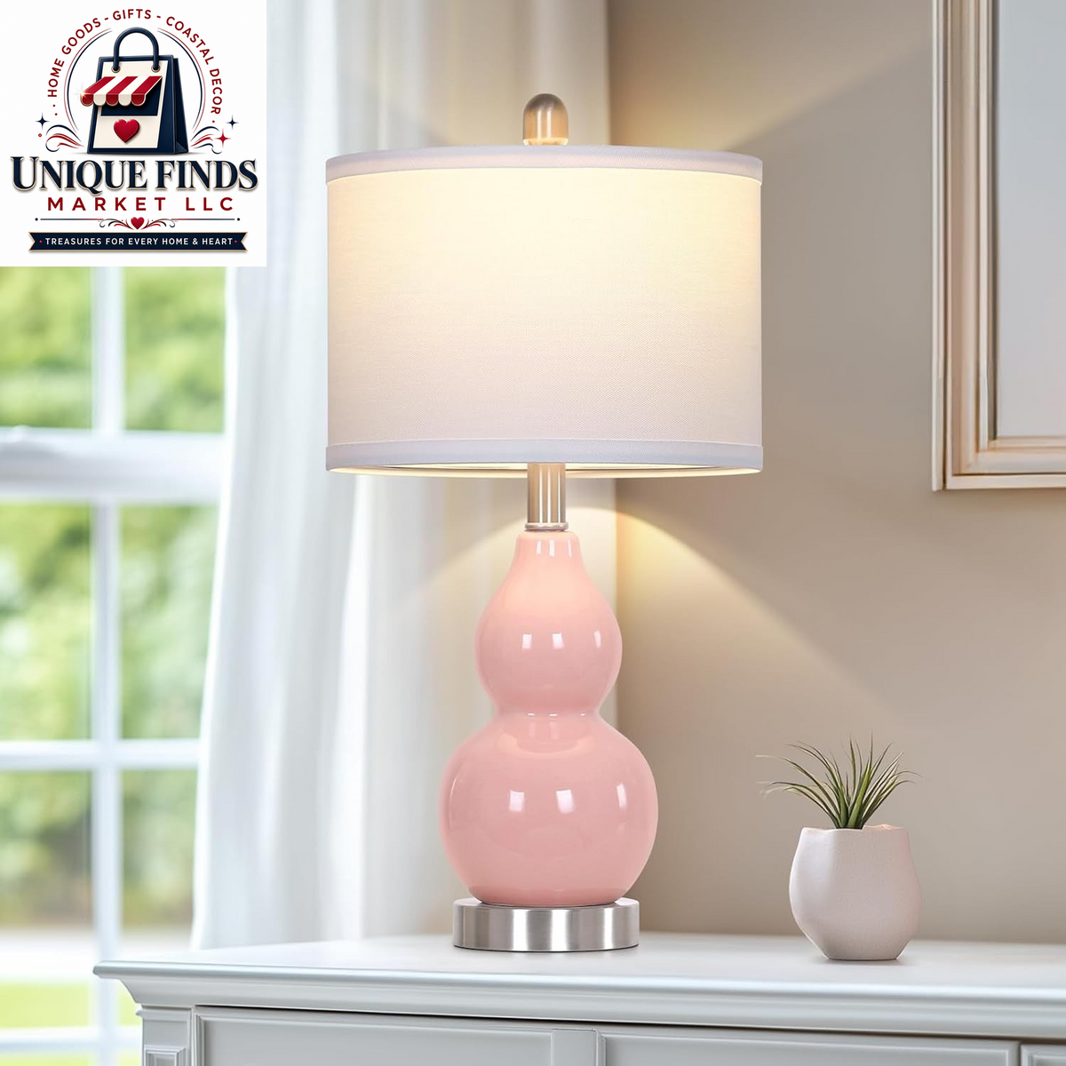 Double Gourd Ceramic Table Lamps Set of 2 Pink Bedside Nightstand Lamps Decor