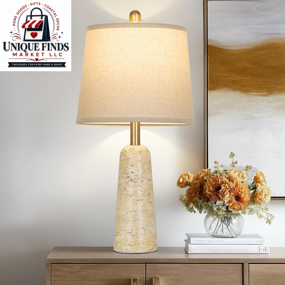 Rinweey Set of 2 Modern Minimalist 24" Travertine-Inspired Concrete Table Lamps, Beige Faux Stone Design for Bedroom Nightstands and Living Room End Tables, Includes 2 LED Bulbs