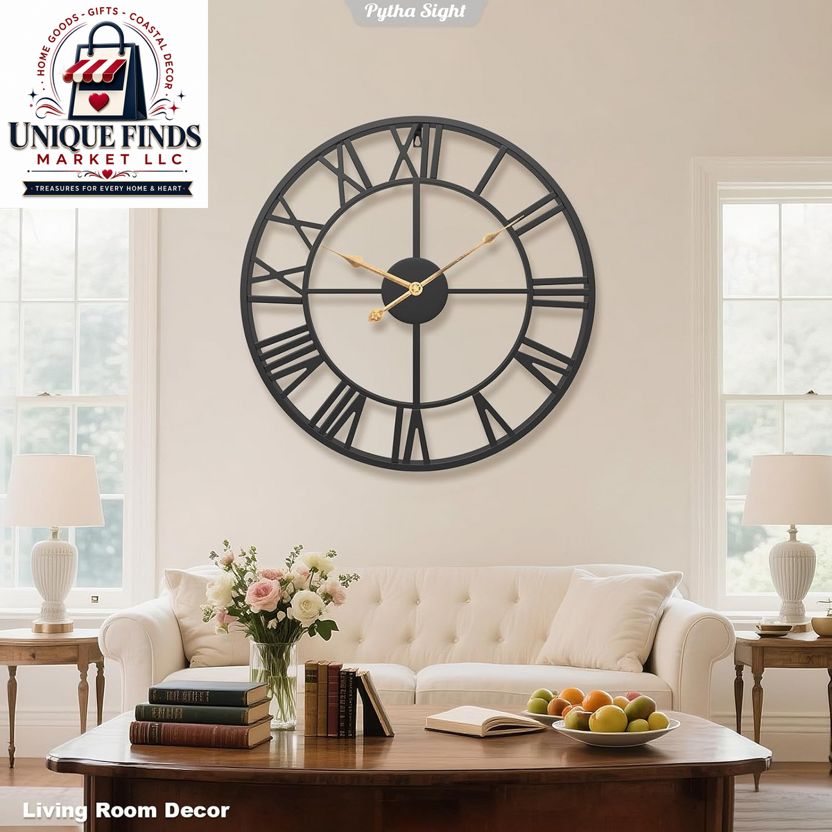 Pytha Sight 30-Inch Black Large Roman Numeral Wall Clock for Living Room Décor