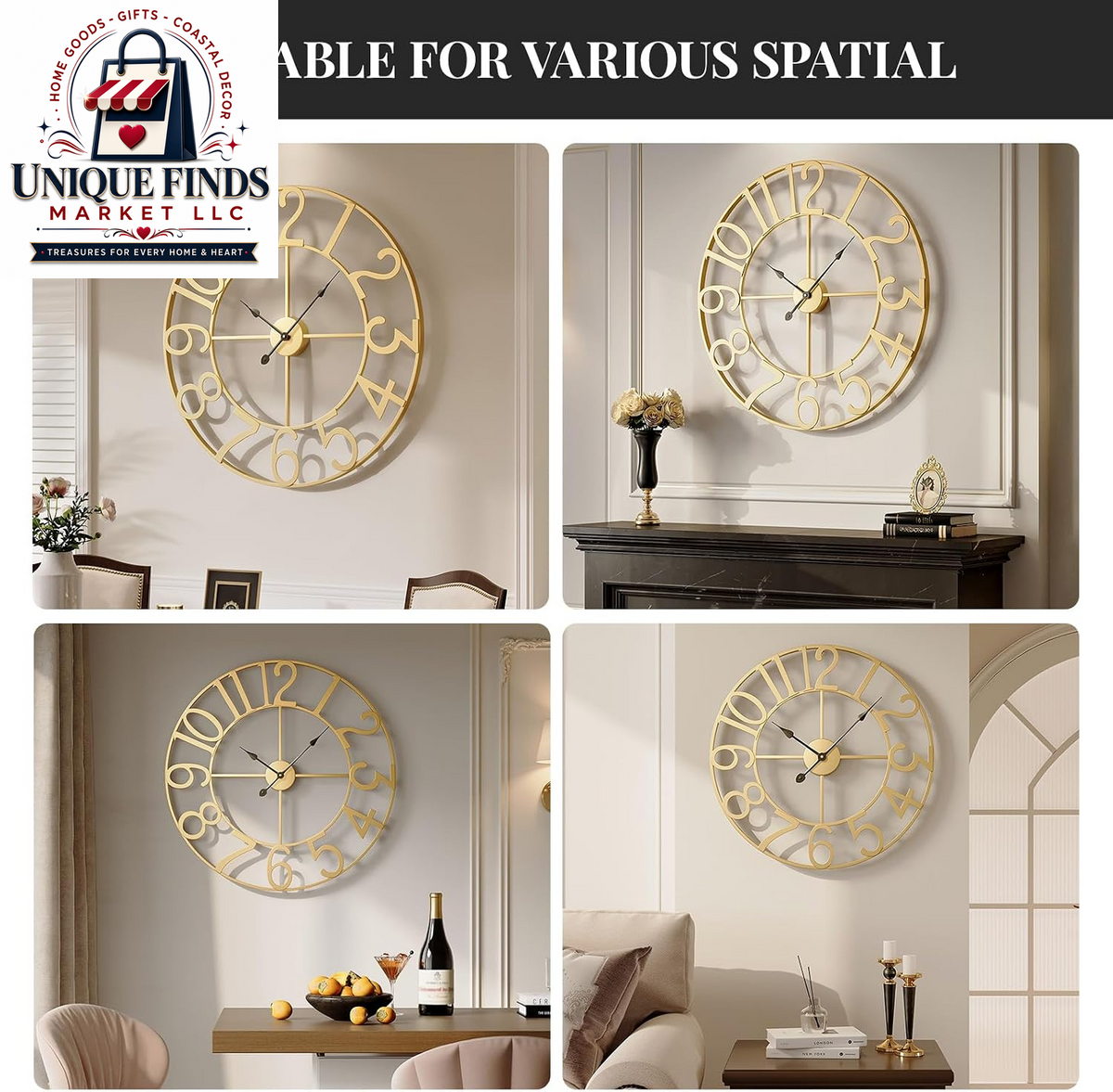 Cuspin 24-Inch Gold Metal Wall Clock for Elegant Living Room Decor