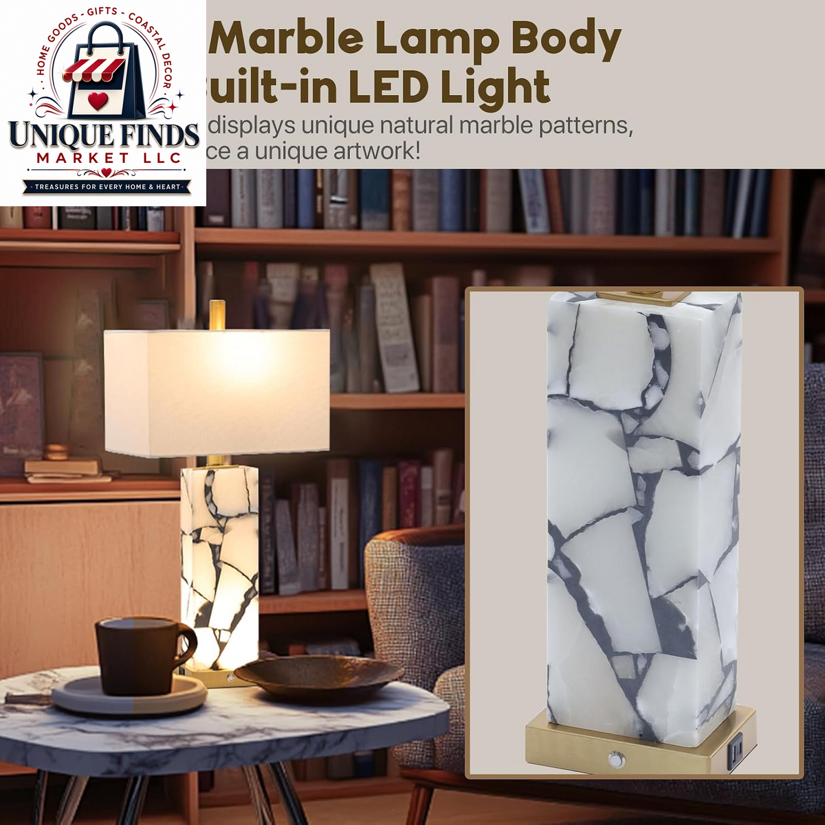 Set of 2 Alabaster Table Lamps with Nightlight - 25.7" Natural Marble Design