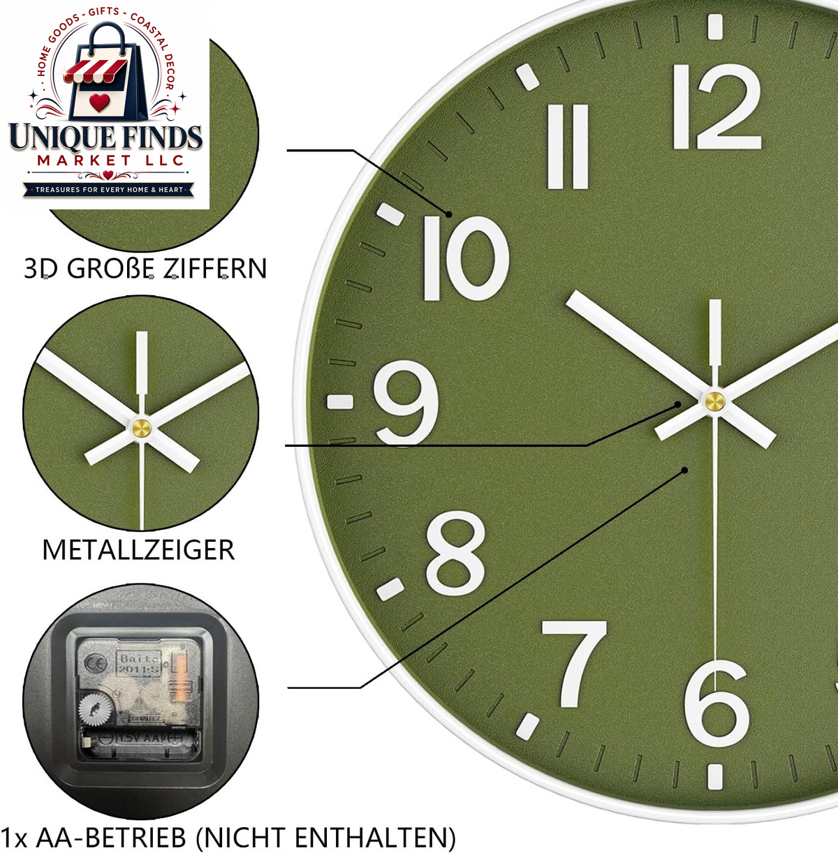 Battery Operated 12-Inch Silent Analog Wall Clock with Large Numbers for Home and Office Decor - Olive Green