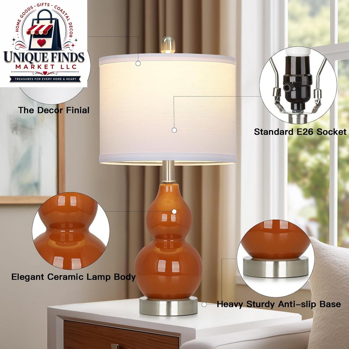 Rinweey Set of 2 Double Gourd Ceramic Table Lamps, Modern Red Bedside Lighting for Bedroom and Living Room (Bulb Included)