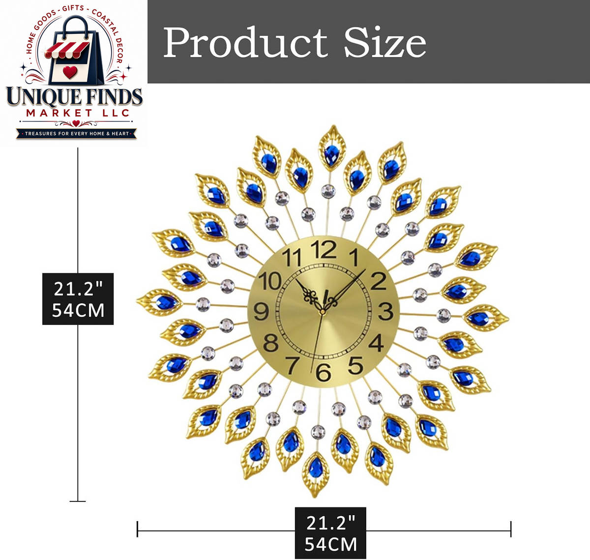 21.2-Inch Elegant Gold Large Wall Clock for Living Room Decor, Modern 3D Design with Arabic Numerals, Non-Ticking Silent Mechanism, Diamond Round Kitchen Clock