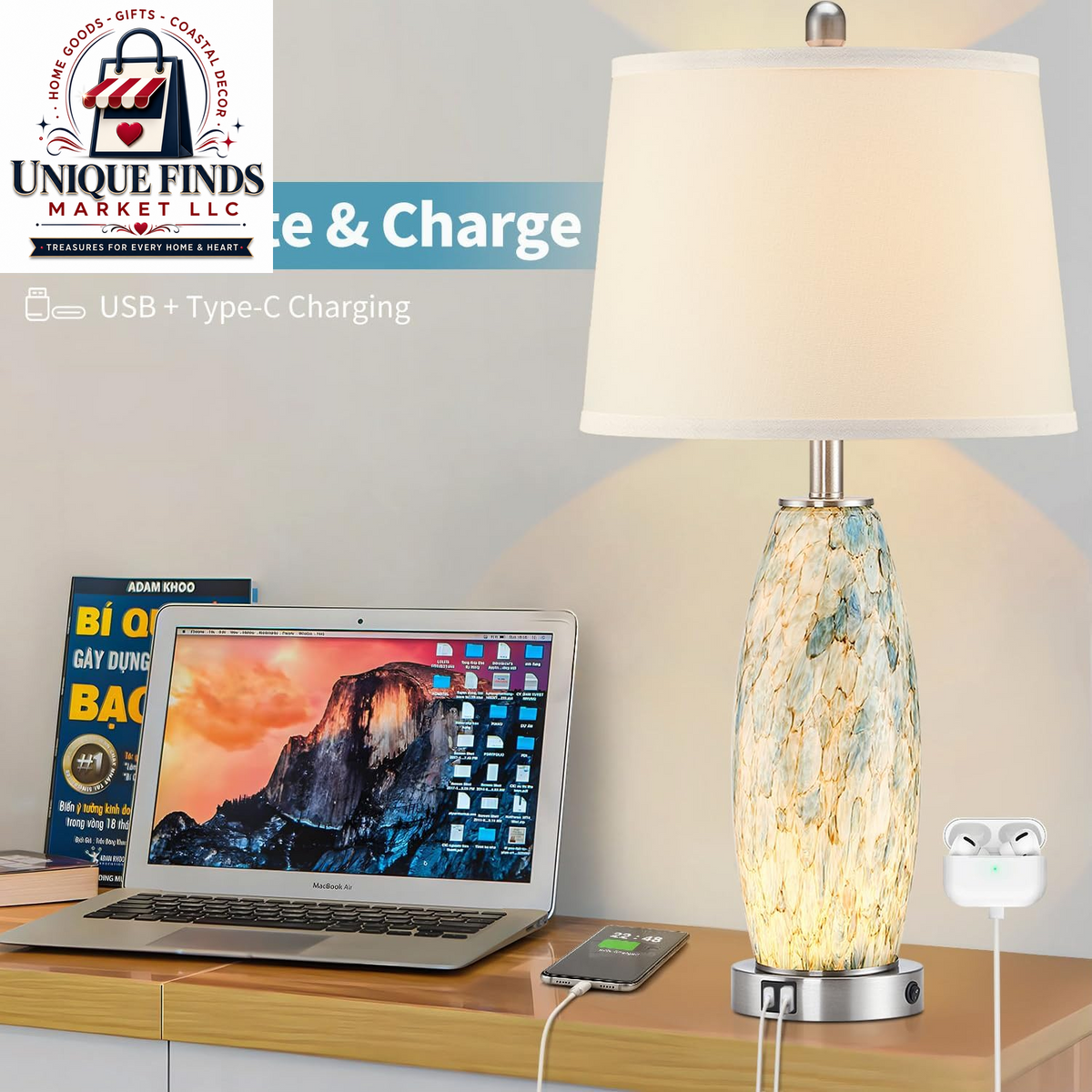 Lovlast 29-Inch Coastal Glass Table Lamp Set of 2 for Bedroom and Living Room