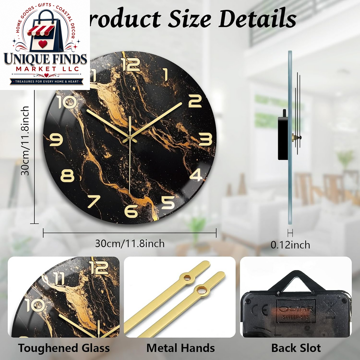 Peacoblue 12" Round Battery-Operated Marble Pattern Wall Clock