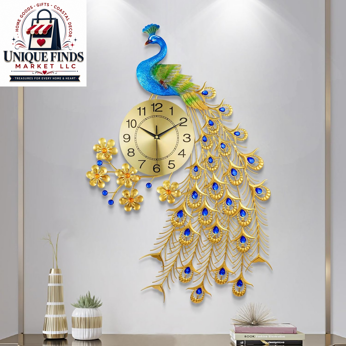 Large 31.5-Inch Metal Peacock Wall Clock - Silent Non-Ticking Digital Design for Living Room Decor in Gold