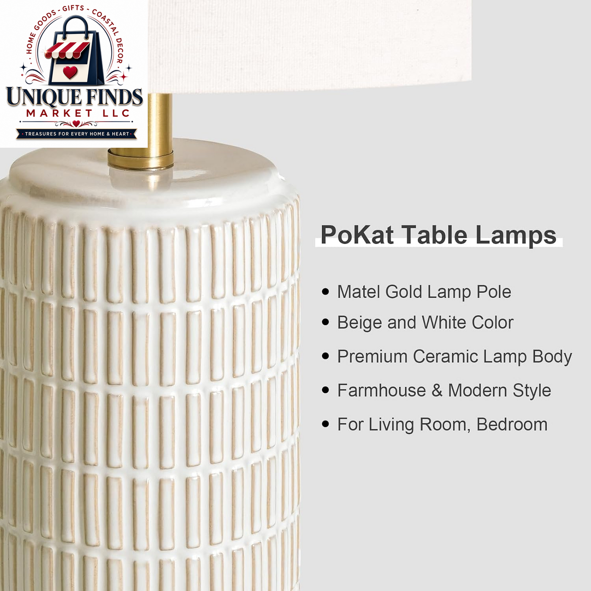 Pokat Set of 2 Ceramic Table Lamps, 21.5'' White, Ideal for Bedroom and Living Room