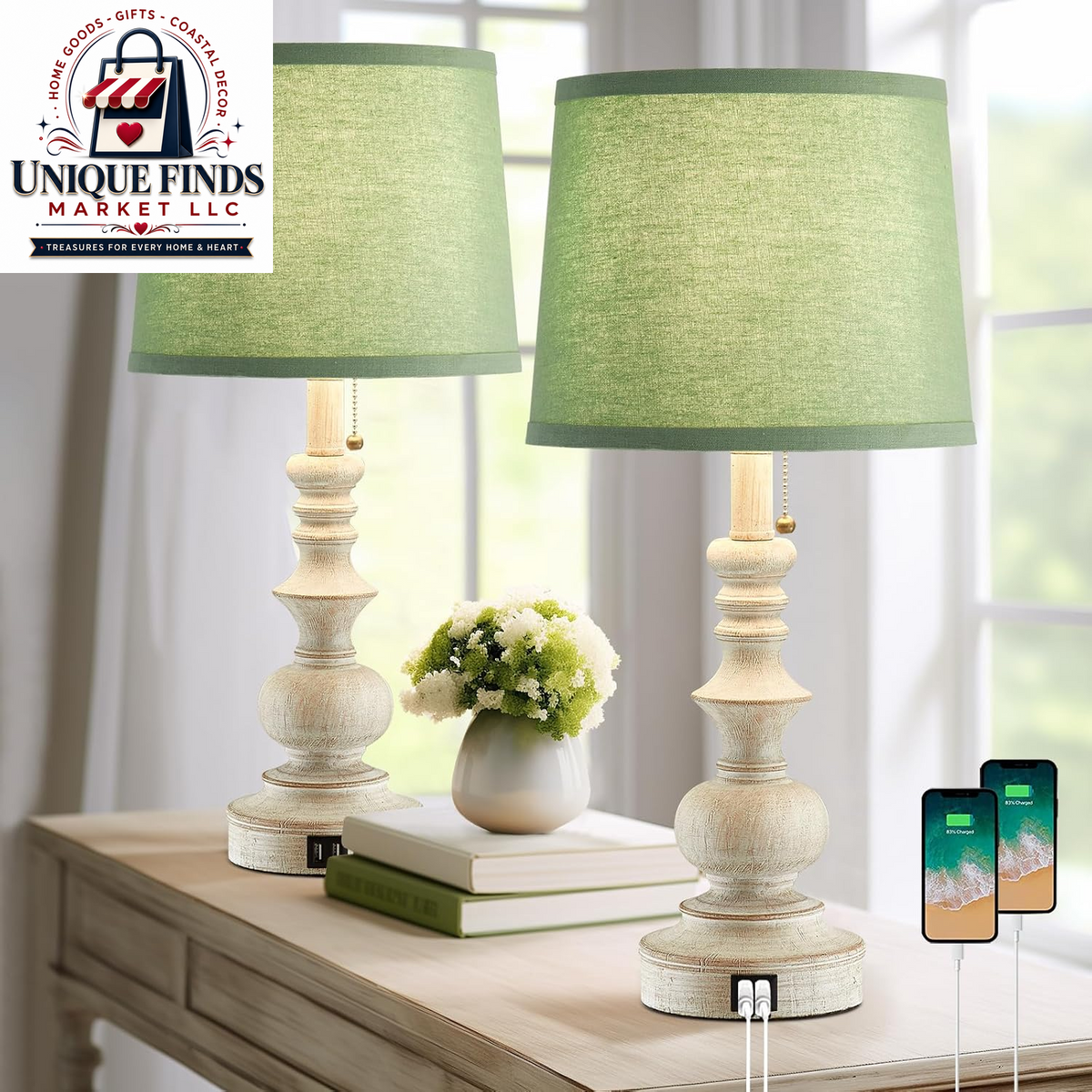Drawealth Set of 2 Farmhouse Table Lamps for Bedrooms with USB Charging Ports, Traditional Wooden Finish, Pull Chain, Bulbs Not Included