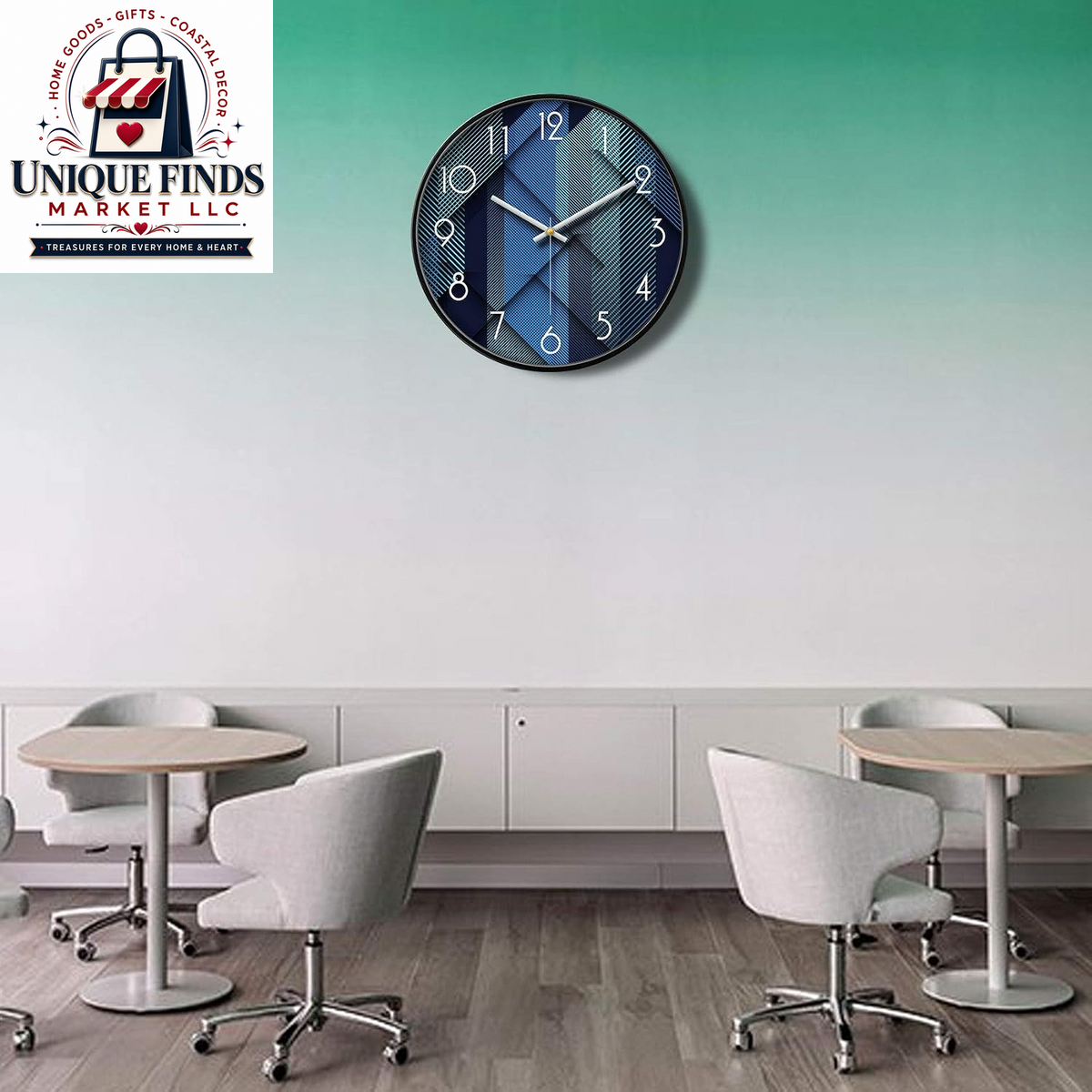 Silent Non-Ticking 12-Inch Analog Wall Clock with Geometric Blue Print Design