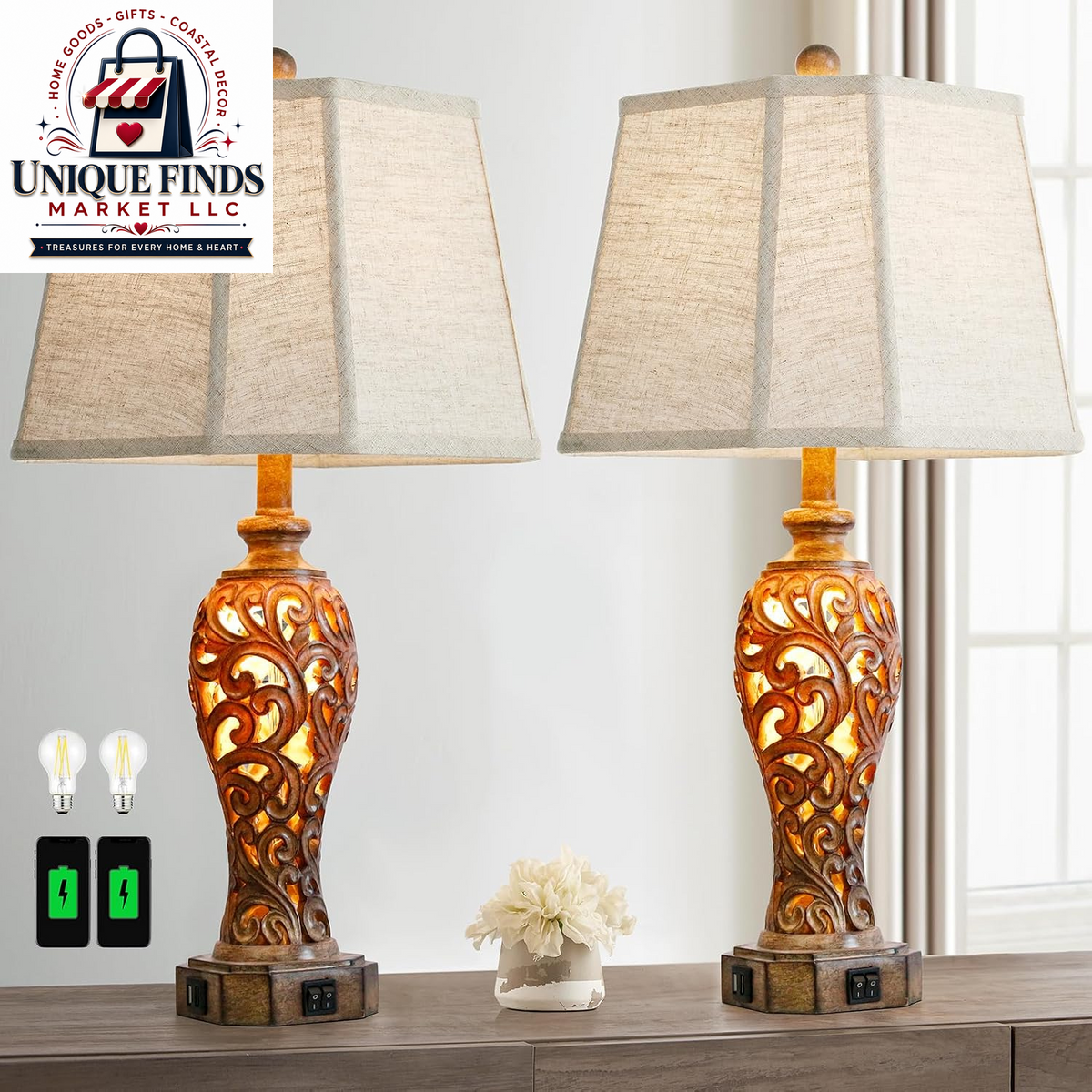Set of 2 25-Inch Farmhouse Table Lamps for Living Room with USB C+A Ports