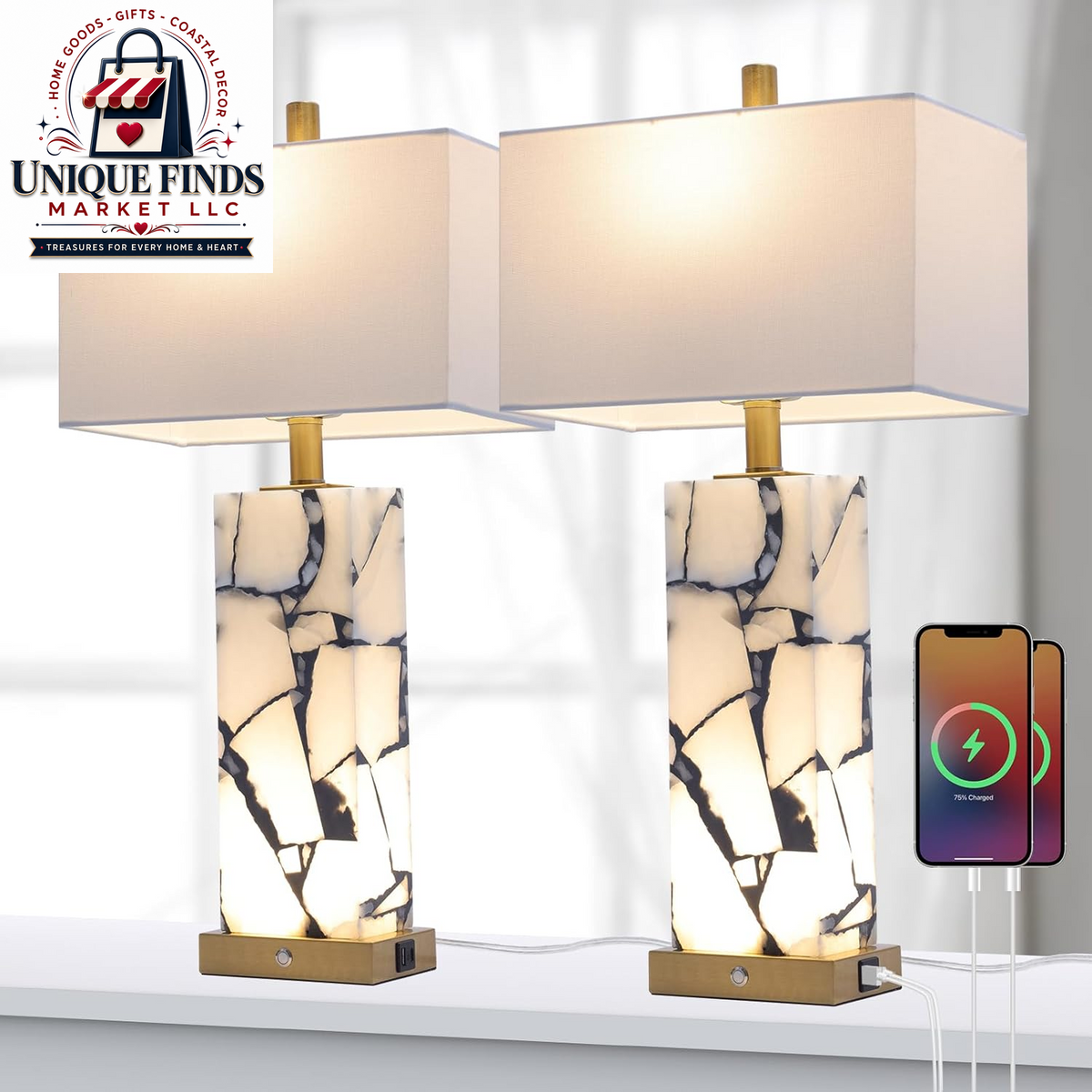 Set of 2 Alabaster Table Lamps with Nightlight - 25.7" Natural Marble Design