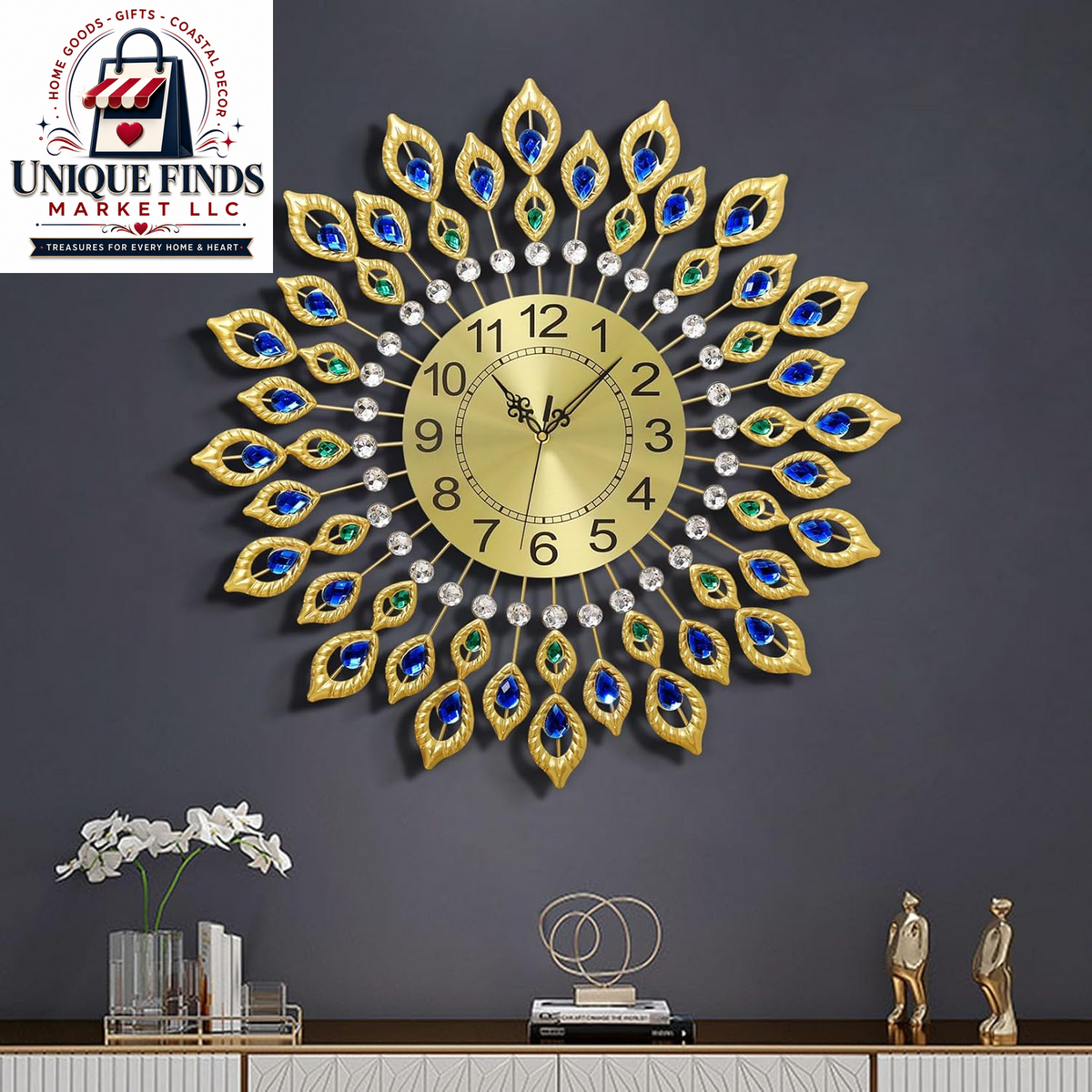 21.2-Inch Elegant Gold Large Wall Clock for Living Room Decor, Modern 3D Design with Arabic Numerals, Non-Ticking Silent Mechanism, Diamond Round Kitchen Clock
