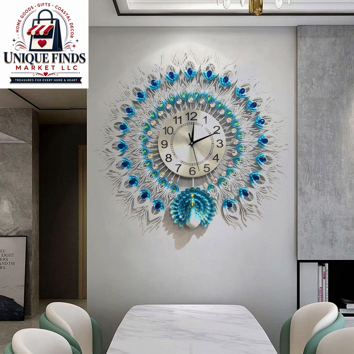 Large 28-Inch Silent Non-Ticking Peacock Wall Clock - 3D Luxury Decorative Timepiece for Living Room, Bedroom, and Dining Room Decor