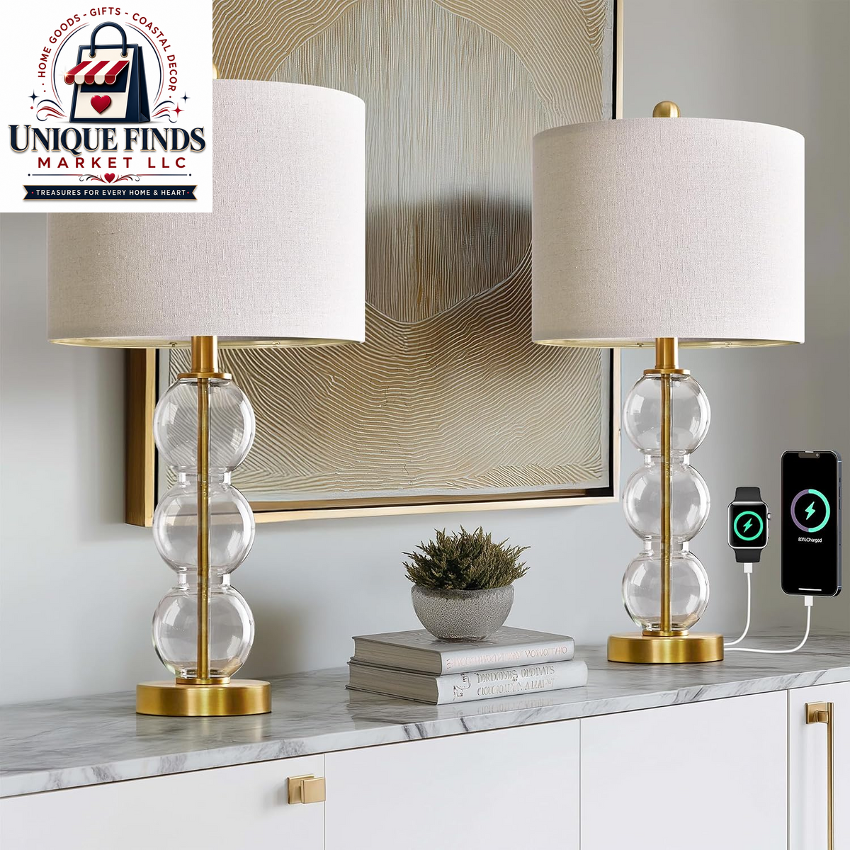 Oneach 25-Inch Black Modern Glass Table Lamps Set of 2 with USB Ports, Linen Shade for Living Room and Bedroom Nightstands (Bulbs Not Included)