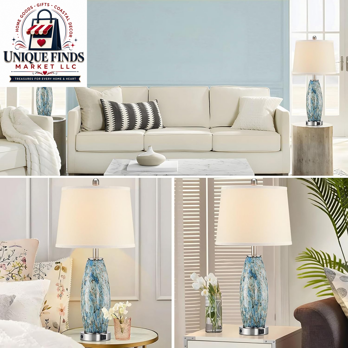Lovlast 29-Inch Coastal Glass Table Lamp Set of 2 for Bedroom and Living Room