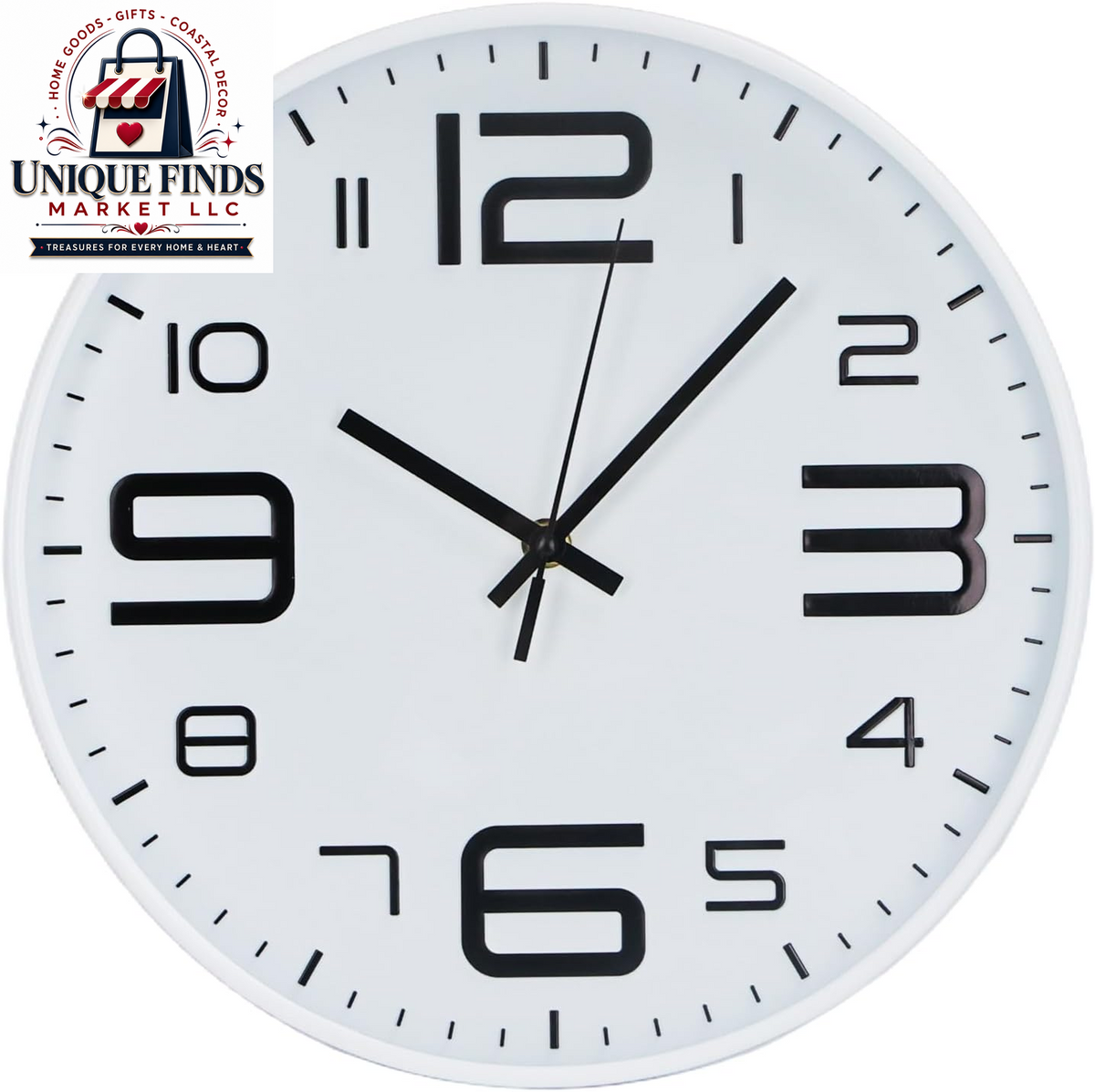 Modern Silent Quartz Wall Clock - Battery Operated, Non-Ticking, 12 Inch Round Decor - Trendy and Practical Design for Office, Home, or School (White-Black)