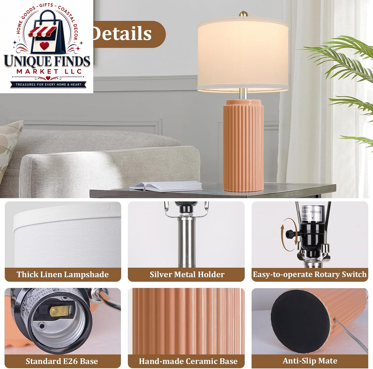 Set of 2 Modern 23.5’’ Orange Ceramic Table Lamps with White Shades for Bedroom and Living Room, Retro Farmhouse Design for Home Office and Dorm End Tables