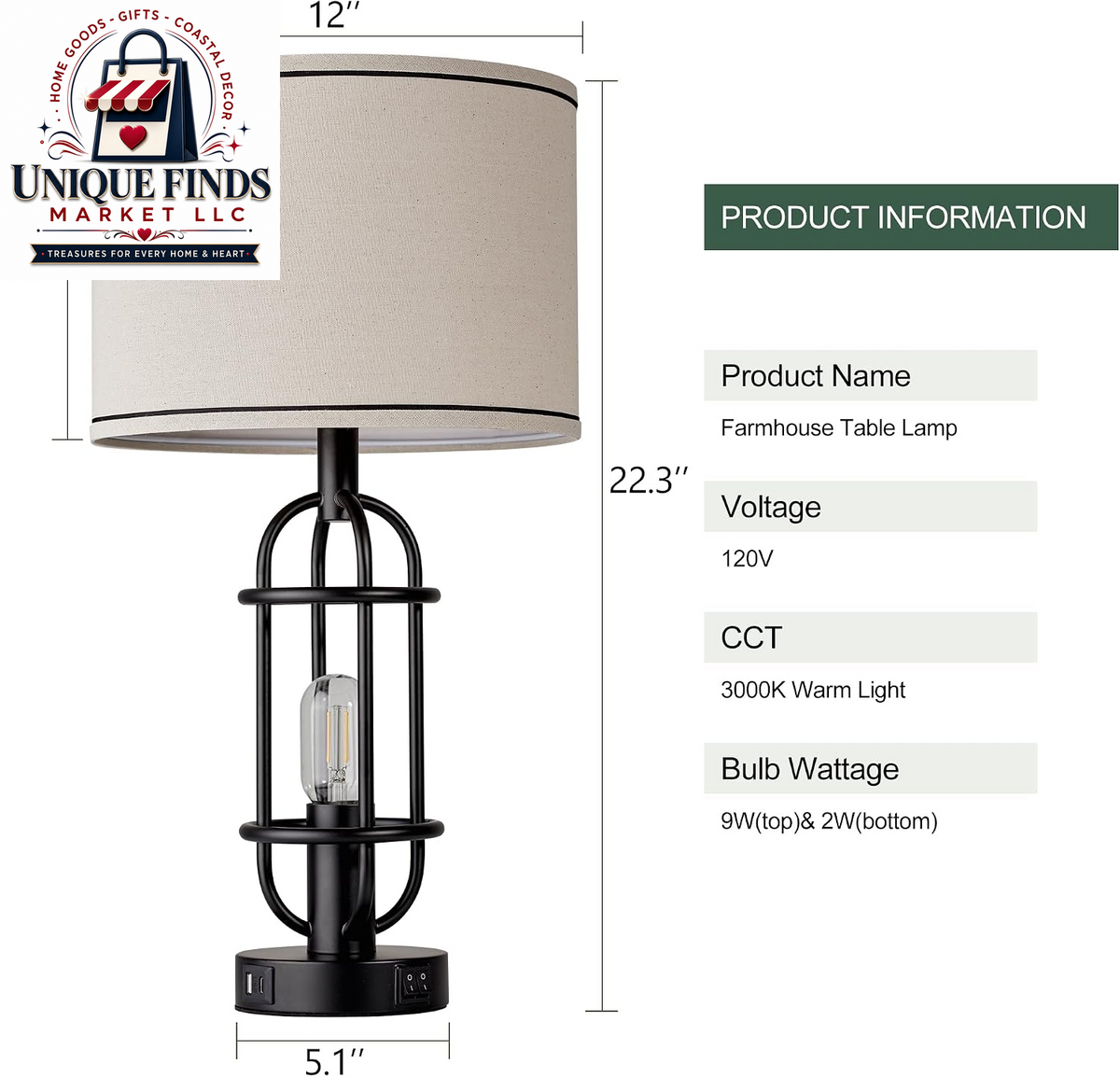 Reaketon 22.3-Inch Black Farmhouse Table Lamps for Living Room - Set of 2