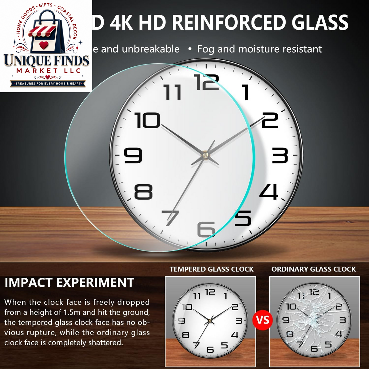 Contemporary 12-Inch Battery-Operated Silent Quartz Wall Clock with Large Easy-to-Read Numbers and Tempered Glass for Home and Office Decor