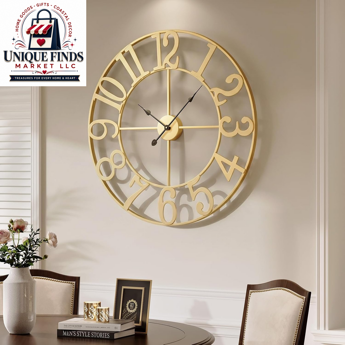 Cuspin 24-Inch Gold Metal Wall Clock for Elegant Living Room Decor