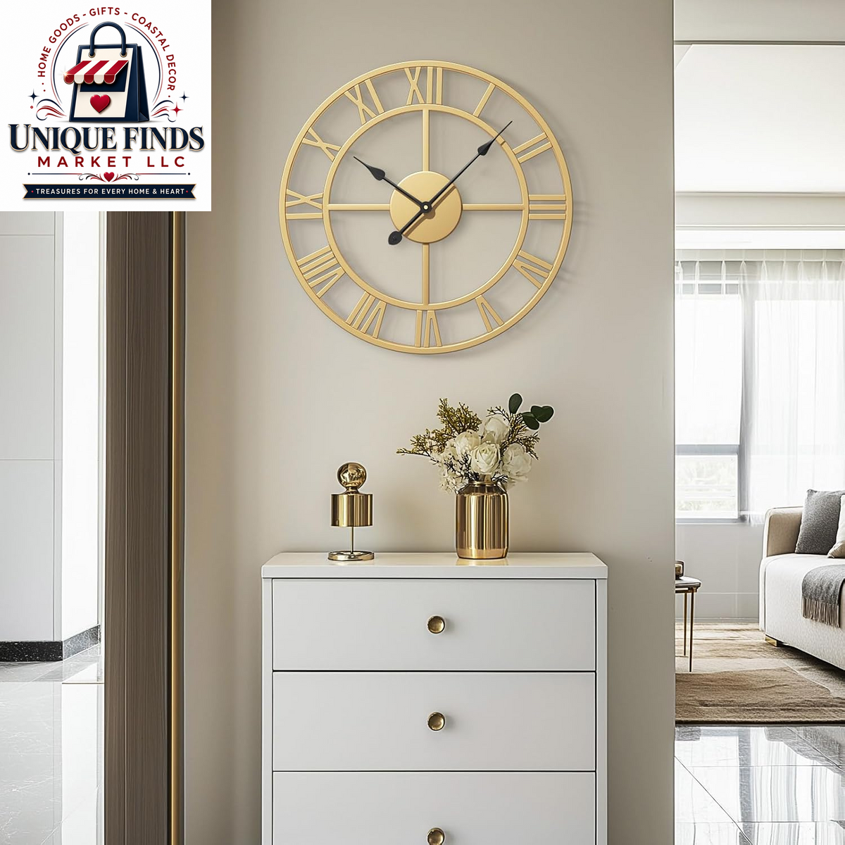 Cuspin 24-Inch Gold Metal Wall Clock for Elegant Living Room Decor