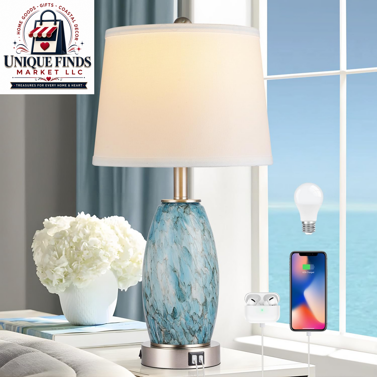 Lovlast 29-Inch Coastal Glass Table Lamp Set of 2 for Bedroom and Living Room