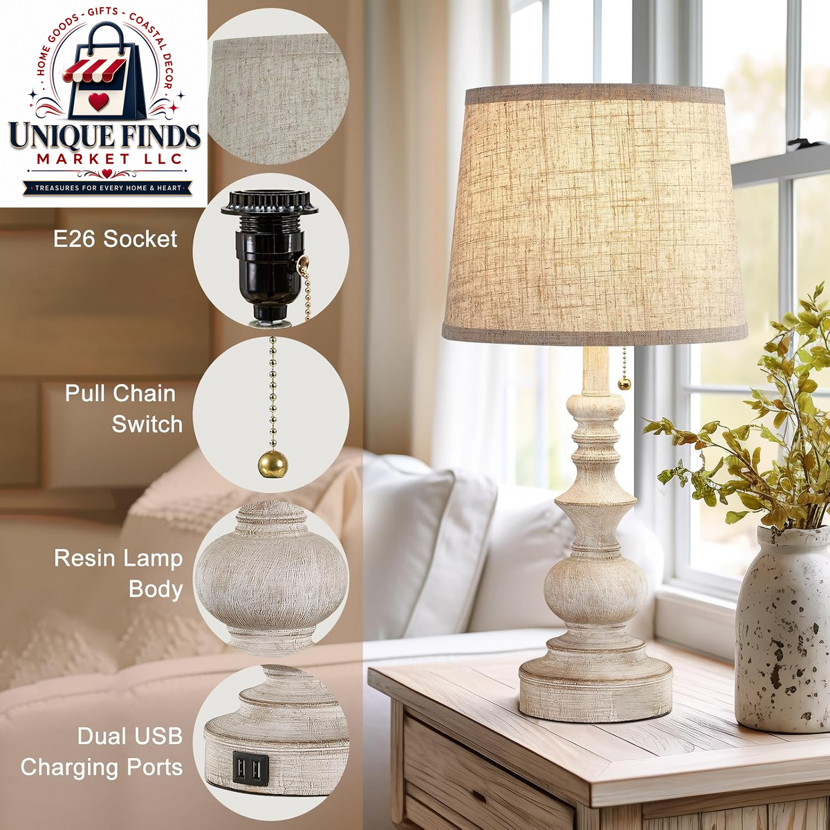 Drawealth Set of 2 Farmhouse Table Lamps for Bedrooms with USB Charging Ports, Traditional Wooden Finish, Pull Chain, Bulbs Not Included