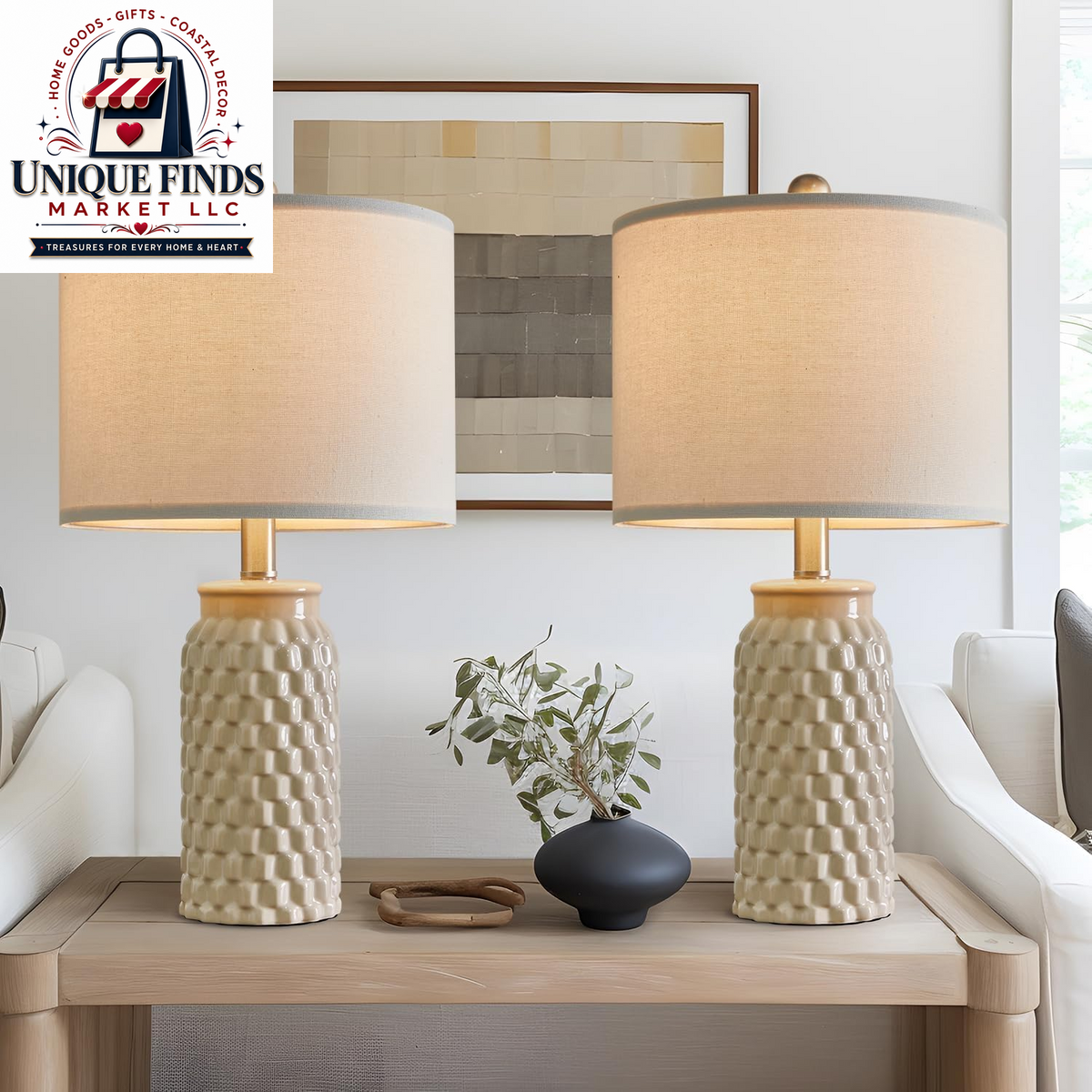 Usumkky 20.5-Inch Ceramic Table Lamp Set of 2 - Modern Farmhouse and Boho Design, Ideal for Bedroom Nightstands and Living Room End Tables, Compact Desk Lamps in Cream