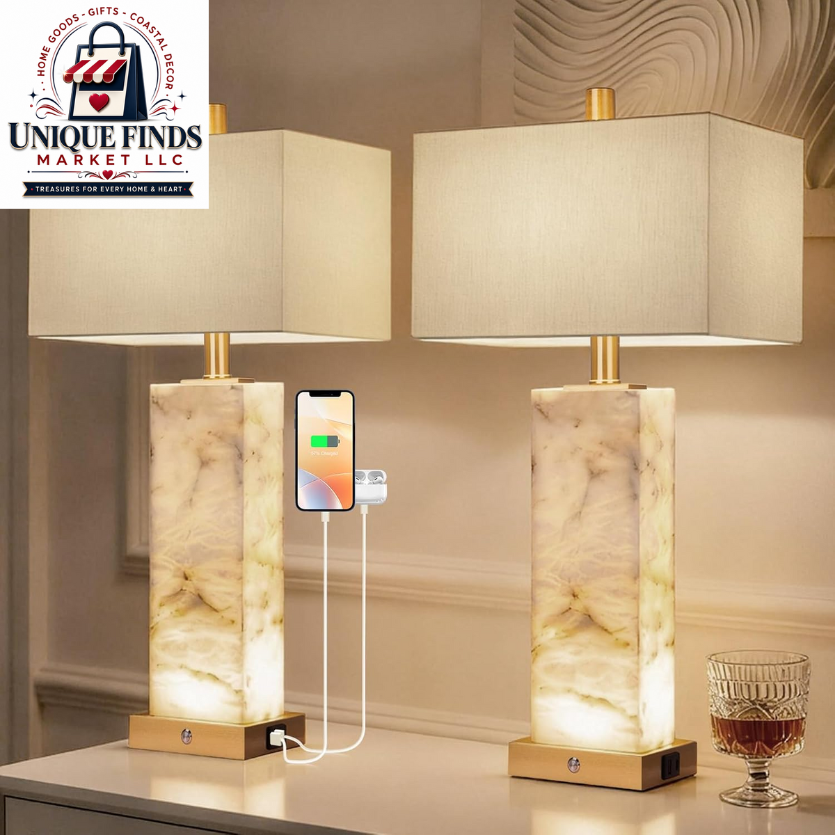 Set of 2 Alabaster Table Lamps with Nightlight - 25.7" Natural Marble Design
