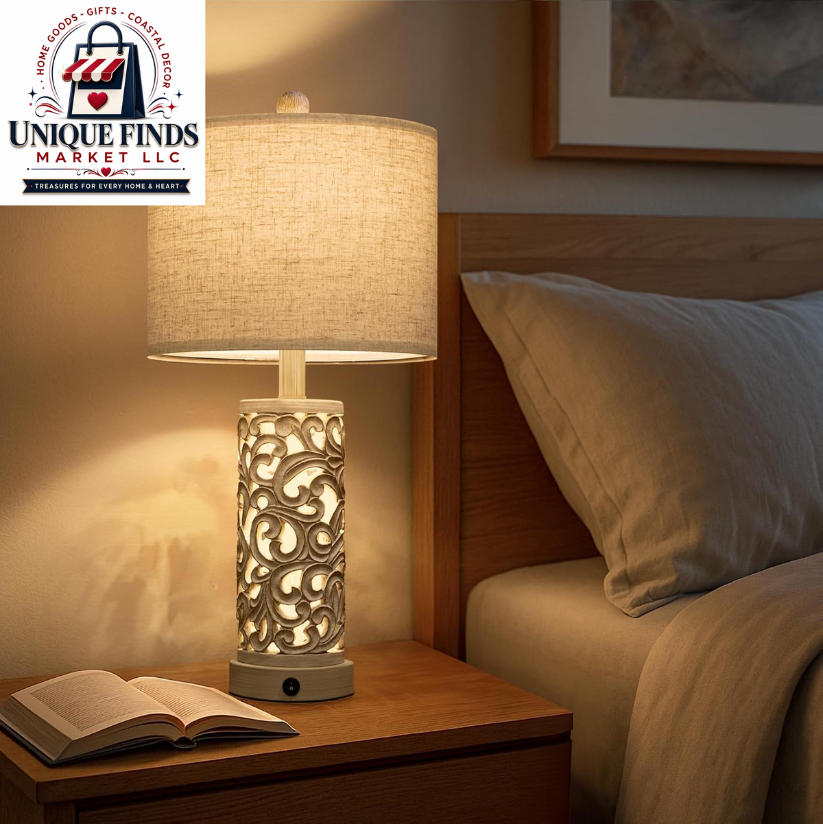 Set of 2 OYEARS 22-Inch Distressed Grey Bedside Table Lamps with Night Light