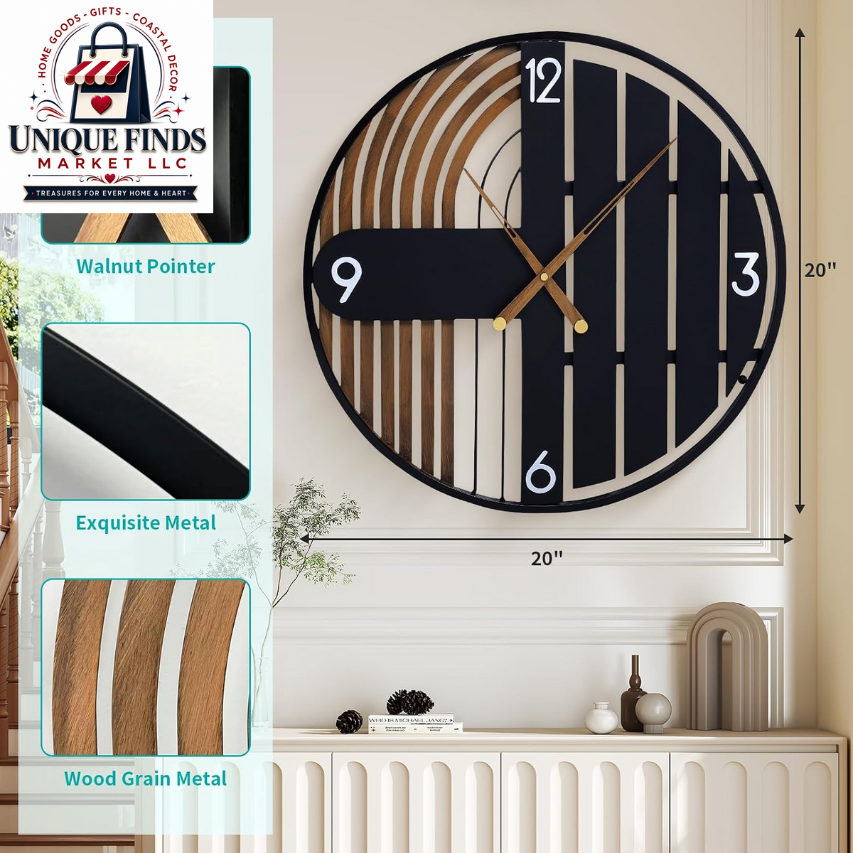 20-Inch Round Wooden Wall Clock - Silent Non-Ticking, Battery Operated