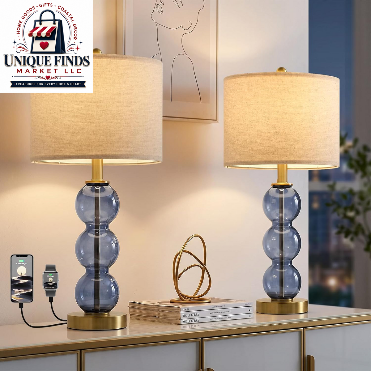 Oneach 25-Inch Black Modern Glass Table Lamps Set of 2 with USB Ports, Linen Shade for Living Room and Bedroom Nightstands (Bulbs Not Included)