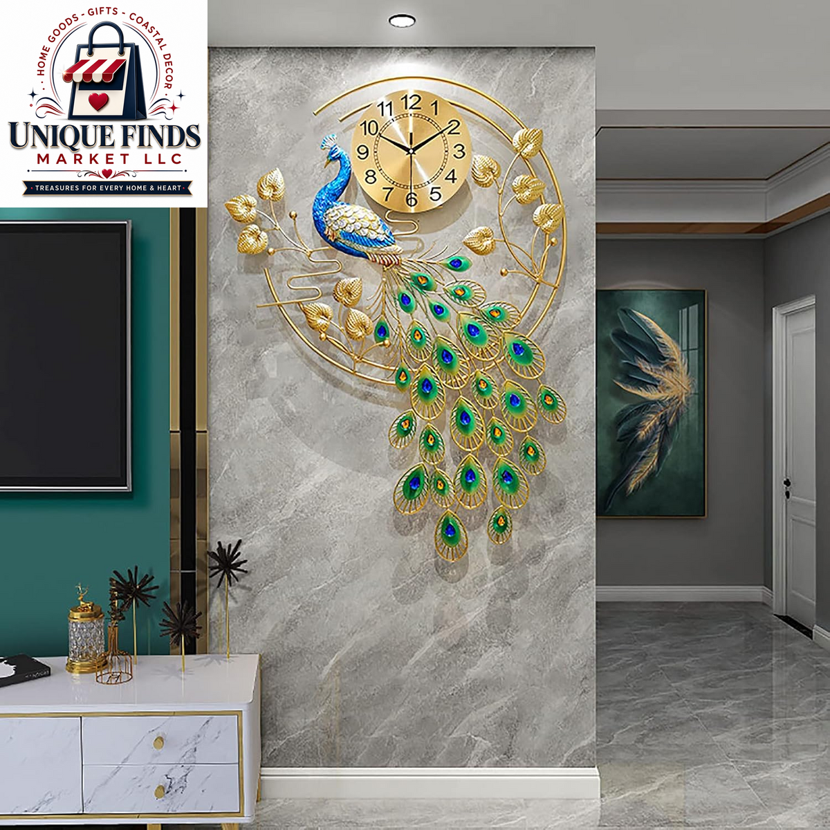 Large 31.5-Inch Metal Peacock Wall Clock - Silent Non-Ticking Digital Design for Living Room Decor in Gold