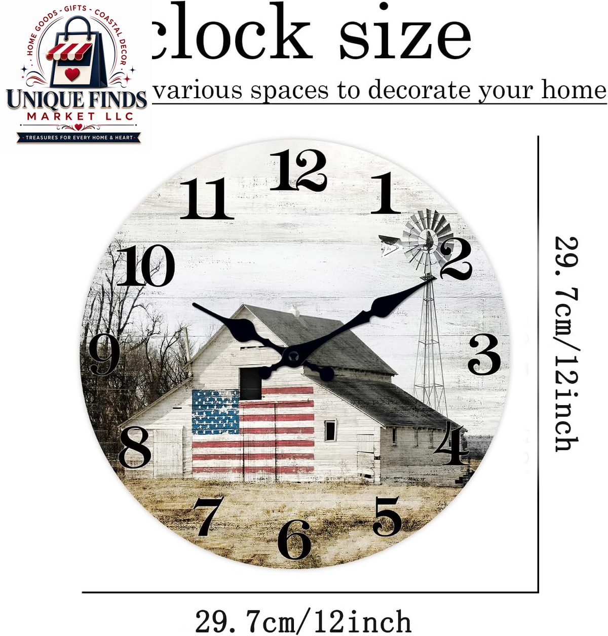 XFM 12-Inch Battery-Operated Rustic Farmhouse Wall Clock with Silent Mechanism