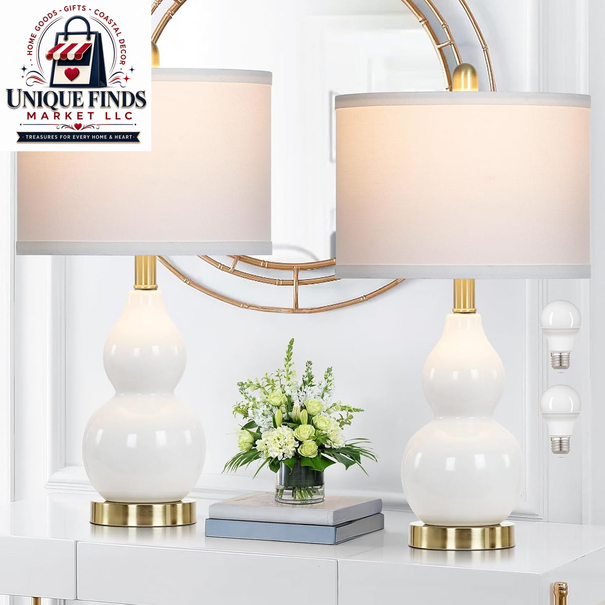 Rinweey Set of 2 Double Gourd Ceramic Table Lamps, Modern Red Bedside Lighting for Bedroom and Living Room (Bulb Included)