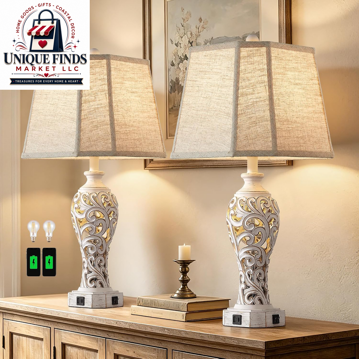 Set of 2 25-Inch Farmhouse Table Lamps for Living Room with USB C+A Ports