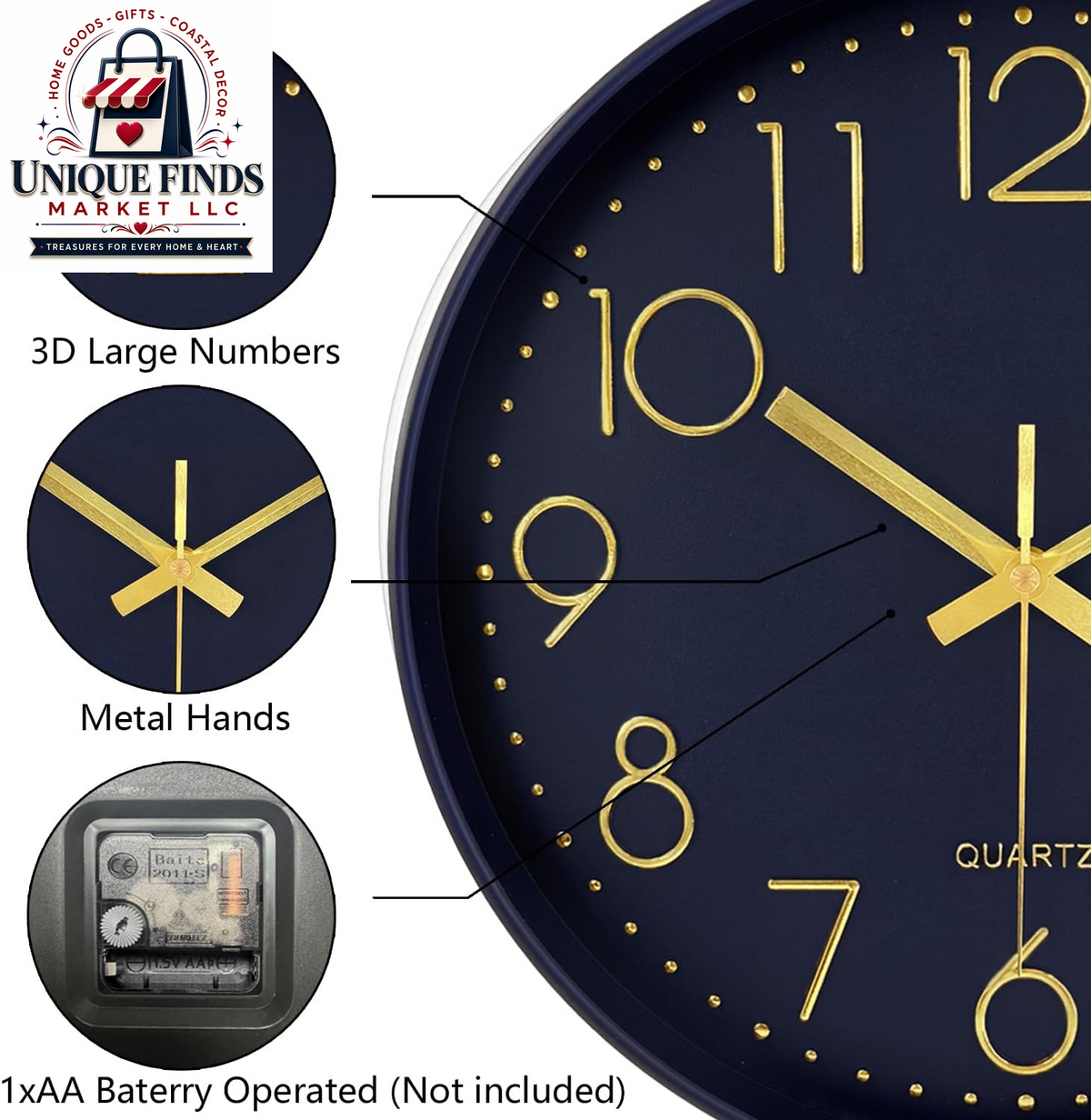 Contemporary 12-Inch Silent Wall Clock with Large Numerals, Battery Operated Non-Ticking Quartz Timepiece Featuring Tempered Glass for Living Room, Bedroom, Office, and Kitchen in Navy Blue