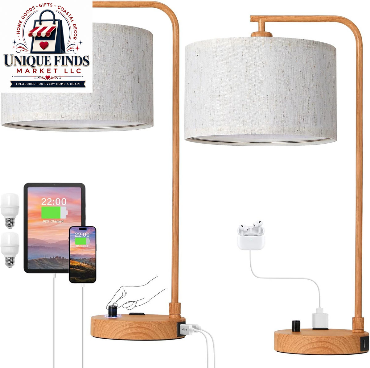Set of 2 Fully Dimmable Wood Paint Bedside Lamps for Nightstands